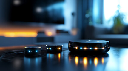Smart home technology devices on table, showcasing modern design and functionality
