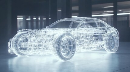 Naklejka premium A hybrid engine blueprint displayed on a glowing digital tablet in a modern design studio.