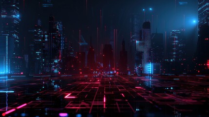 Obraz premium Neon Cityscape with a Digital Grid