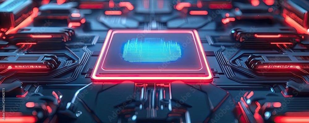 Aufkleber Adaptive technology ai concept. Futuristic circuit board with glowing components and a central processor interface.