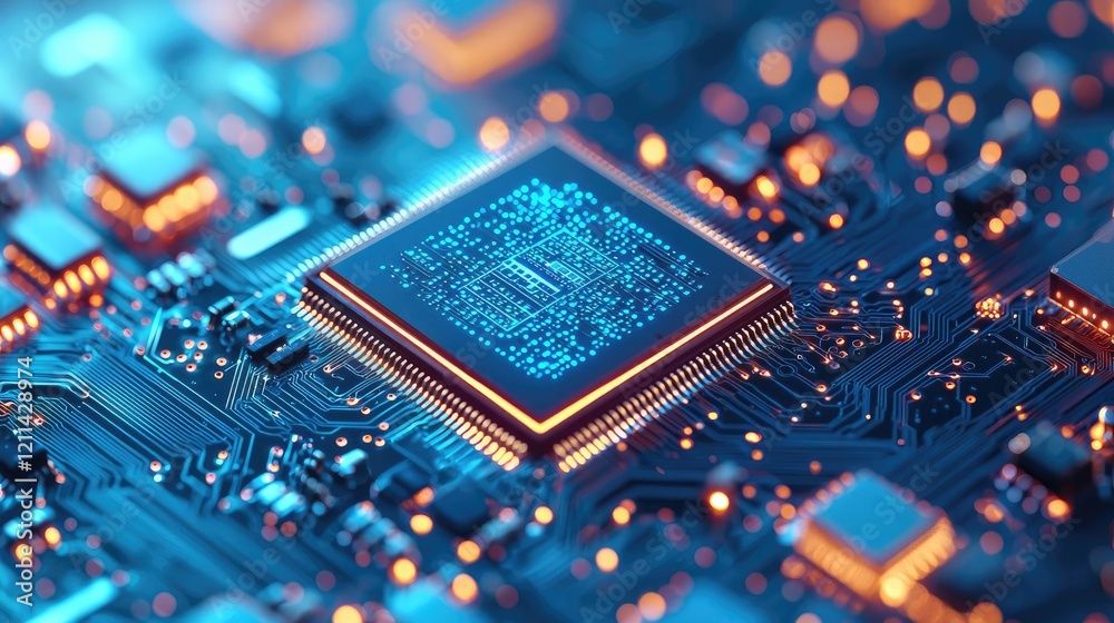 Poster Artificial intelligence ai idea. Close-up view of a microchip on a circuit board showcasing intricate details.
