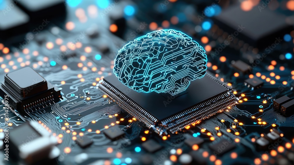 Poster Artificial intelligence ai idea. A futuristic digital brain on a microchip, symbolizing advanced artificial intelligence.
