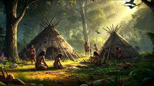 Primitive survival: displaying prehistoric life through the lens of primitive man, community, and the raw essence of early existence in a natural environment.