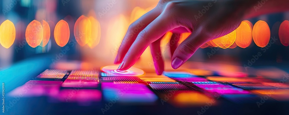 Poster Interactive tools ai concept. A close-up of a hand interacting with colorful LED buttons on a modern device.