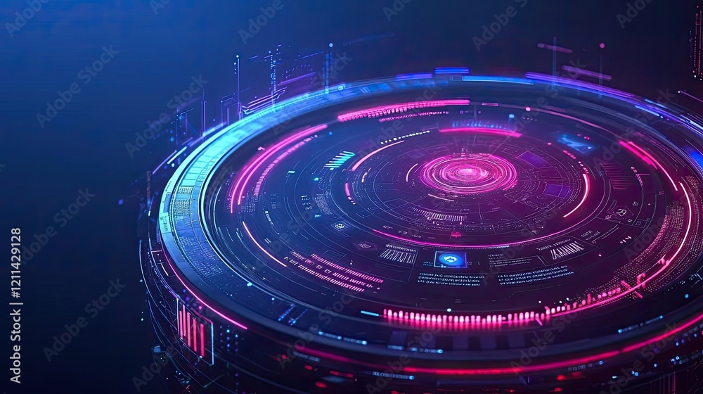 Poster Adaptive technology ai concept. Futuristic digital interface with vibrant neon colors and circular patterns.
