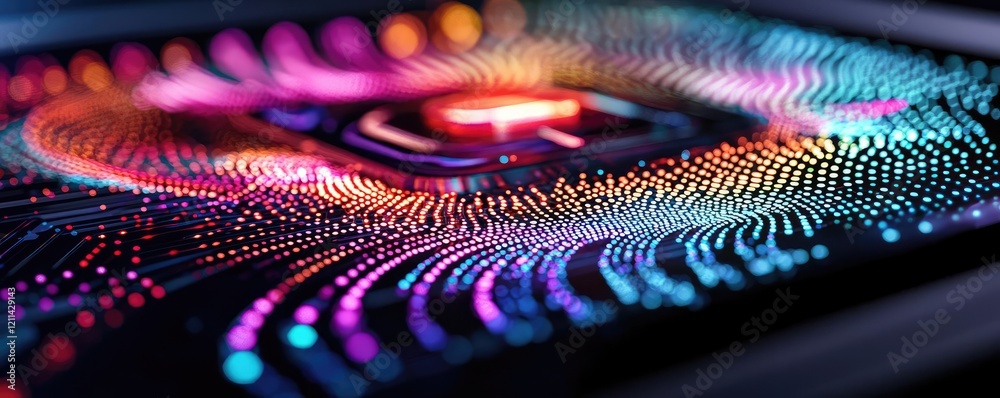 Poster Interactive tools ai concept. Abstract digital art showcasing colorful patterns with vibrant light effects.