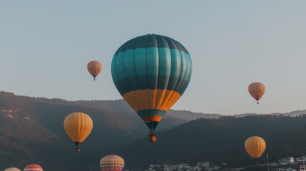 Obraz premium Colorful Hot Air Balloons Soaring Over Mountains at Sunrise