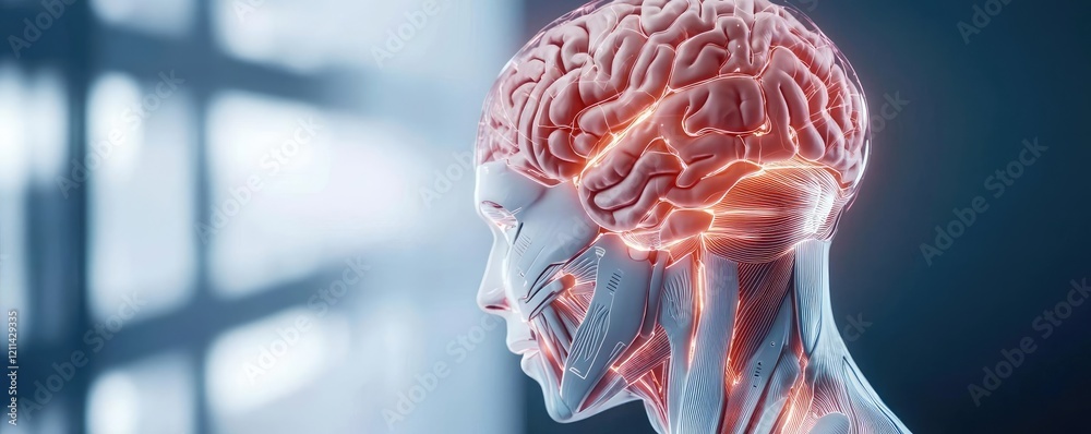 Aufkleber Adaptive technology ai concept. A 3D rendering of a human head showcasing an illuminated brain structure.