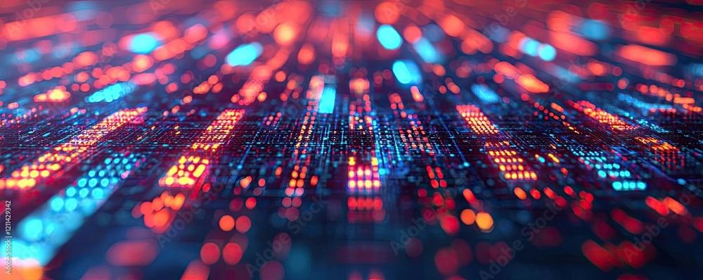 Poster Adaptive technology ai concept. Abstract digital patterns featuring vibrant glowing lines and dots in various colors.