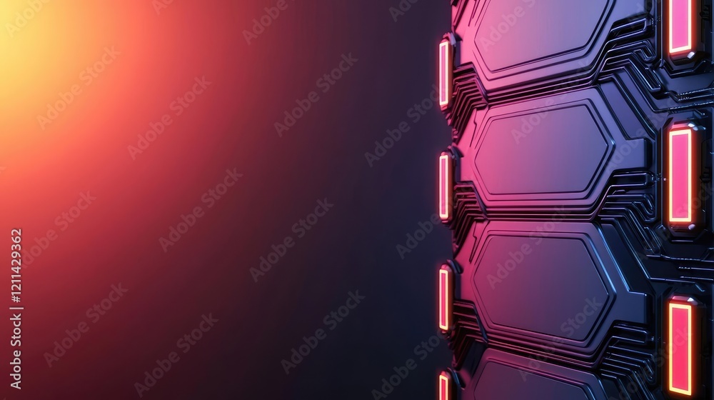 Poster Interactive tools ai concept. Futuristic design of a vibrant circuit board with glowing elements and a gradient background.