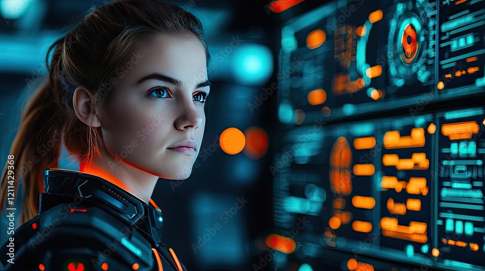Poster artificial intelligence ai idea. a focused young woman analyzing data on futuristic digital interfac