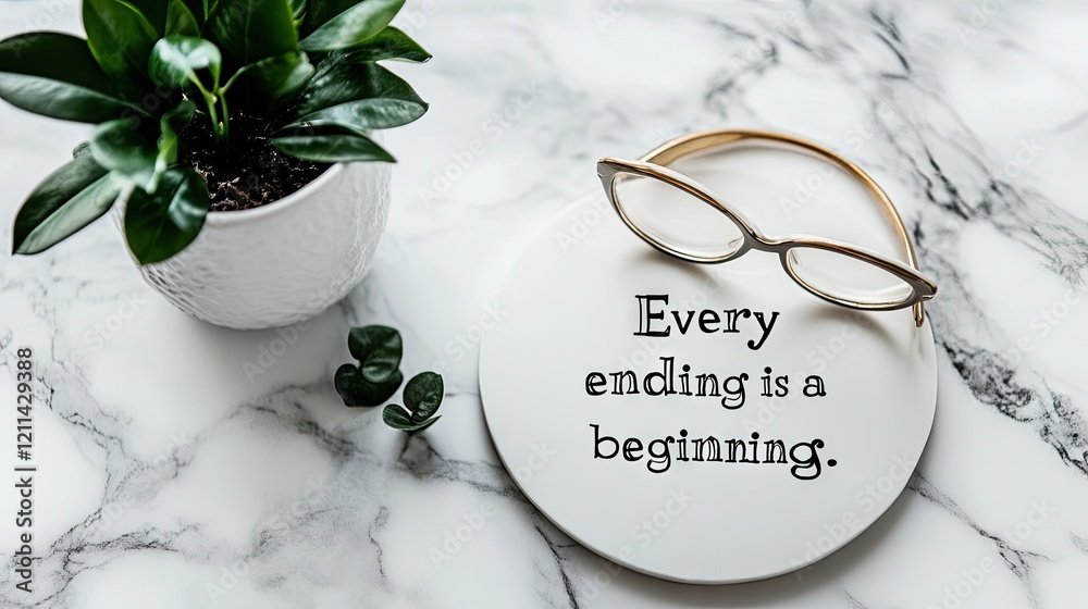 Fototapete a minimalist desktop showing an inspirational quote every ending is a new beginning.