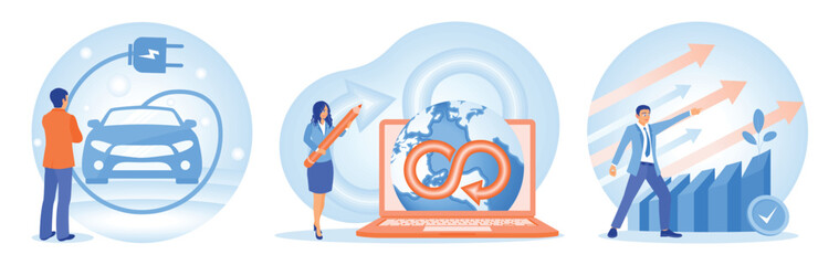 Sustainable business innovations featuring electric cars, circular economy, and growth strategies.