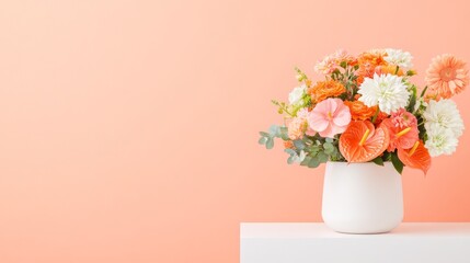 Coral Bloom: A vibrant bouquet of coral and white flowers, arranged in a simple white vase, adds a splash of color to a minimalist background.