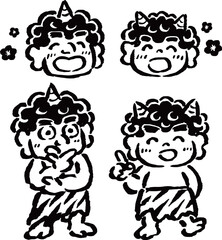 指差しポーズで説明する鬼と感心して聞く鬼　筆タッチ手描きイラスト線画セット