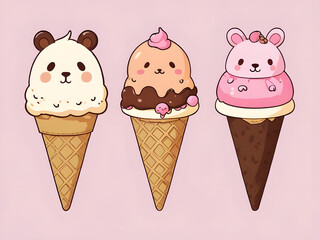 ice cream cones decorated with cartoon on pink background