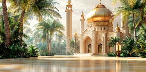 Naklejka premium 3d modern Islamic banner, suitable for Ramadan, Eid al Fitr, and Eid al Adha with mosque, lantern, crescent moon,