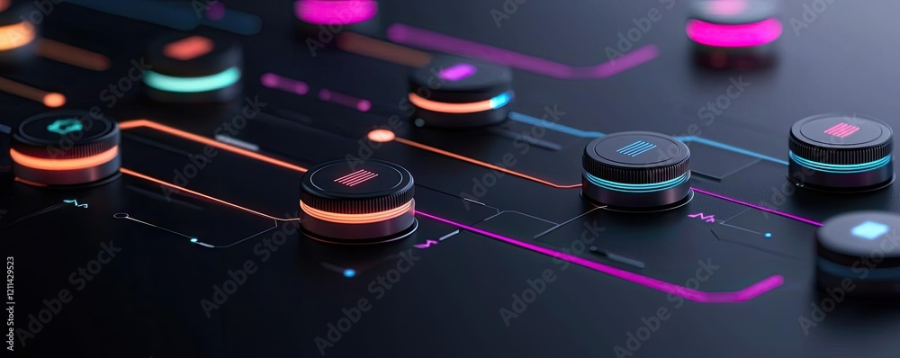 Aufkleber Interactive tools ai concept. Close-up view of modern interface buttons with neon lighting on a digital panel.