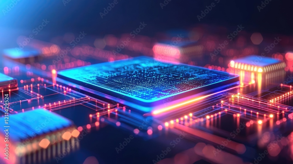 Poster Artificial intelligence ai idea. Close-up view of a colorful microchip on a printed circuit board.