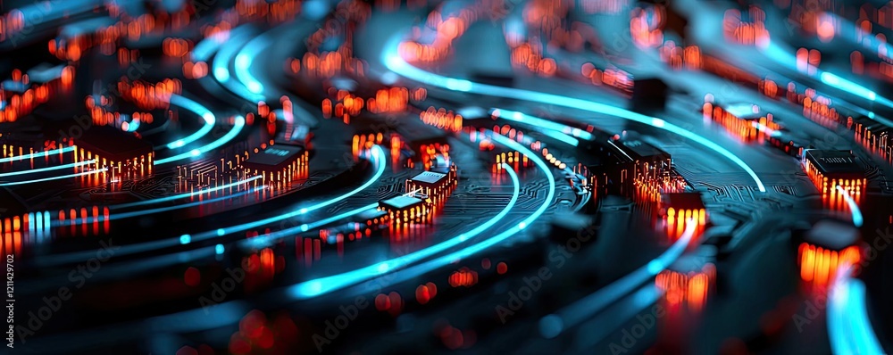 Poster Artificial intelligence ai idea. Abstract tech background with vibrant lines and glowing elements, perfect for digital themes.
