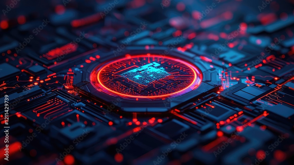 Poster Artificial intelligence ai idea. Futuristic microchip with glowing circuits in a dark digital environment.