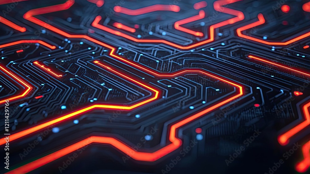 Poster Artificial intelligence ai idea. Close-up of modern circuit board with vibrant neon lines and intricate patterns.