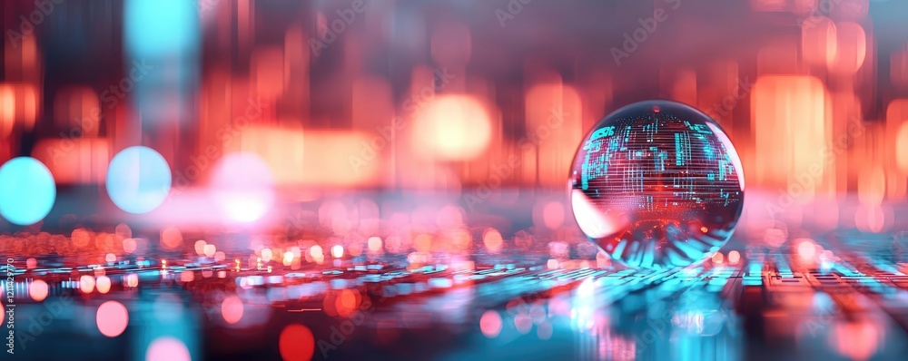 Poster artificial intelligence ai idea. a futuristic crystal sphere reflecting vibrant neon lights on a dig