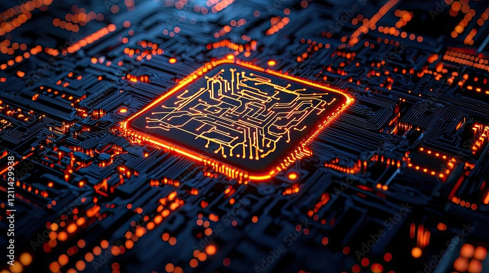 Poster Artificial intelligence ai idea. Close-up view of a glowing microchip circuit board on a dark background.