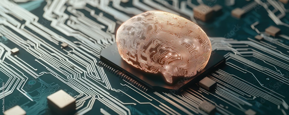 Aufkleber Adaptive technology ai concept. A close-up of a microchip with intricate details and a reflective surface.