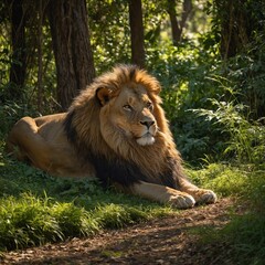 Naklejka premium A lion relaxing in a sunlit jungle clearing. with white background and blurry background a full body.A lion resting on a green hill under the shade of a blooming acacia tree.King of the jungle looking