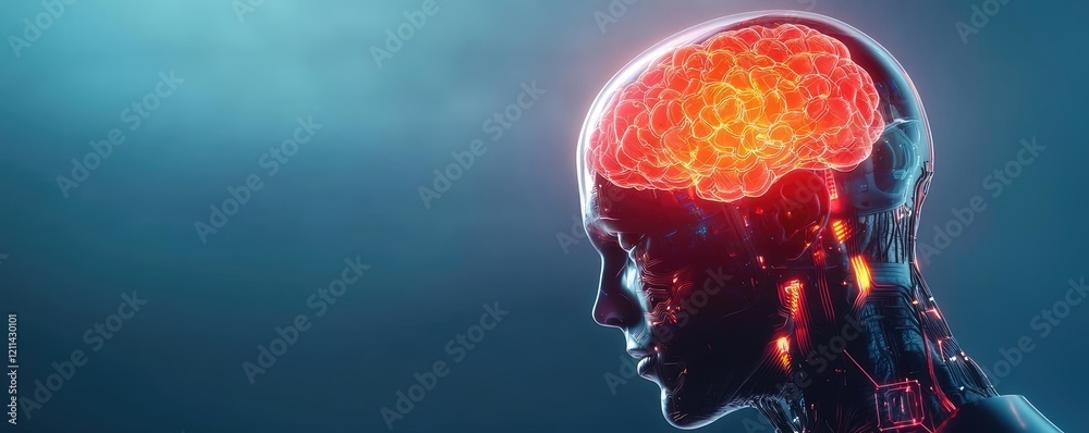 Poster adaptive technology ai concept. futuristic depiction of a human brain in a robotic form, showcasing 