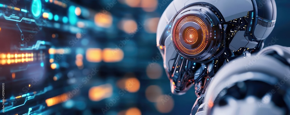 Aufkleber Interactive tools ai concept. Futuristic robot with glowing interfaces, representing advanced artificial intelligence.