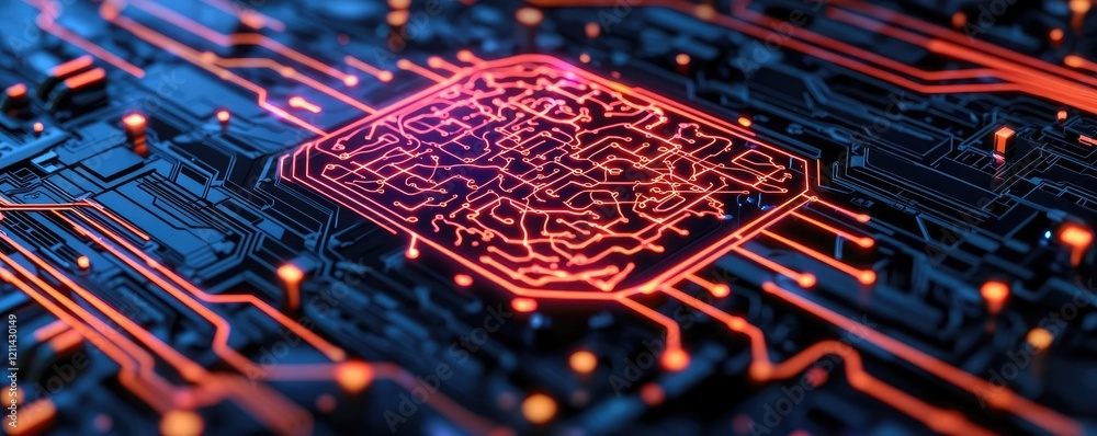Poster Artificial intelligence ai idea. Close-up of a futuristic circuit board with glowing elements and intricate patterns.