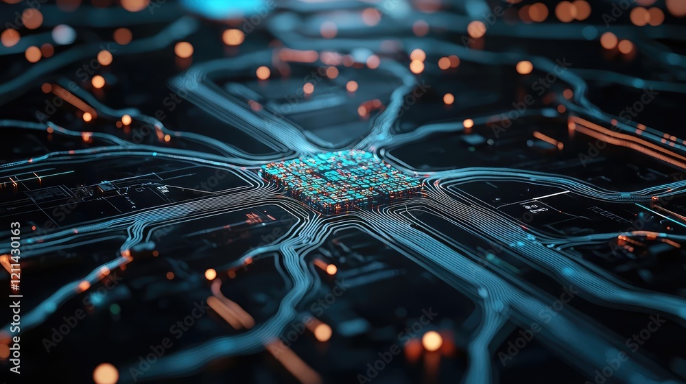 Poster Artificial intelligence ai idea. A detailed view of a futuristic circuit board with glowing connections and nodes.