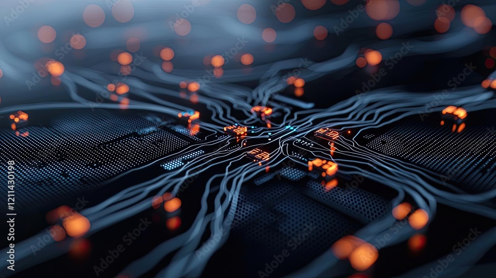 Poster Artificial intelligence ai idea. Abstract close-up of a circuit board with glowing connections and intricate details.
