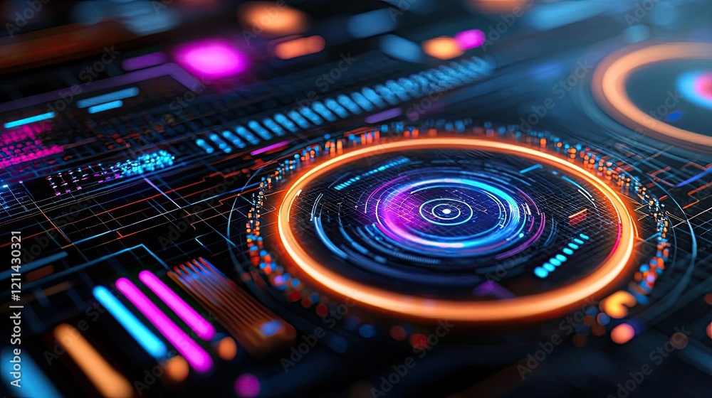 Poster Interactive tools ai concept. Futuristic digital interface with vibrant neon colors and intricate details.