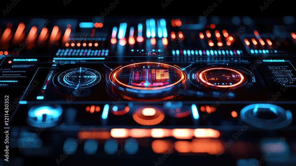 Poster Interactive tools ai concept. Futuristic control panel with glowing elements and intricate data visualizations.