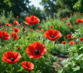 Fototapeta premium A bright red poppy flower blooms in a vibrant green garden amidst lush foliage and other flowers, color, wildflower, yellow