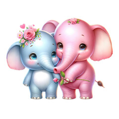Two cute, cartoon elephants, one blue and one pink, adorned with flowers, showcasing affection by holding a flower together.