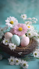 A professional vertical photo of pastel Easter eggs with hand-painted floral patterns, arranged on a white, Easter holiday concept, Flat lay, Holiday congratulation card, background, gift card