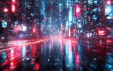 Fototapeta premium Futuristic city street at night, neon lights reflecting on wet ground.