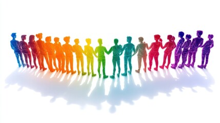 Naklejka premium A silhouette of an LGBTQ group forming a heart shape, with each figure in a different rainbow color, cleanly isolated on white.