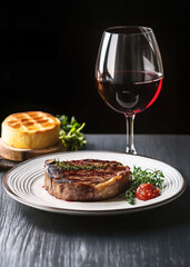 Steak Dinner with Red Wine: A perfectly seared ribeye steak rests on a white plate, garnished with fresh thyme and a side of sauce.