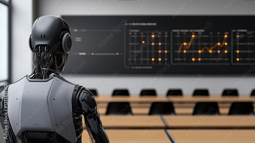 Poster Automated teaching ai idea. A humanoid robot analyzing data in a modern conference room.