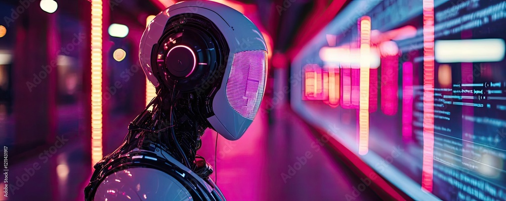 Poster intelligent tutoring ai concept. a futuristic robot in a neon-lit environment, exploring digital dat