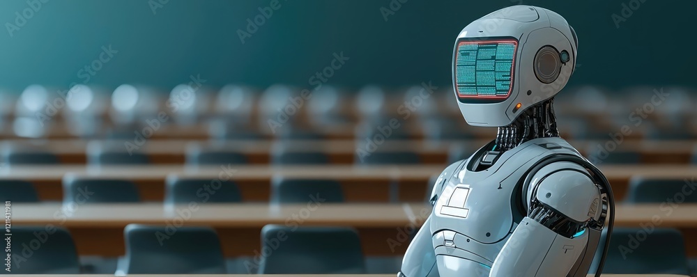 Poster Automated teaching ai idea. A humanoid robot stands in an empty classroom, symbolizing future learning.