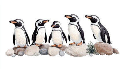 Fototapeta premium A charming illustration featuring five adorable penguins standing among smooth stones, perfect for nature-themed designs.