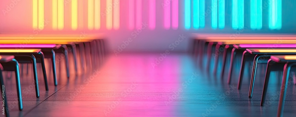 Poster Student progress ai idea. A vibrant and colorful setting with illuminated chairs and neon lights.