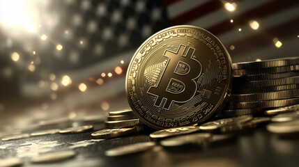 Bitcoin BTC Symbol M&uuml;nze mit USA Fahne im Hintergrund im 16:9 Querformat.