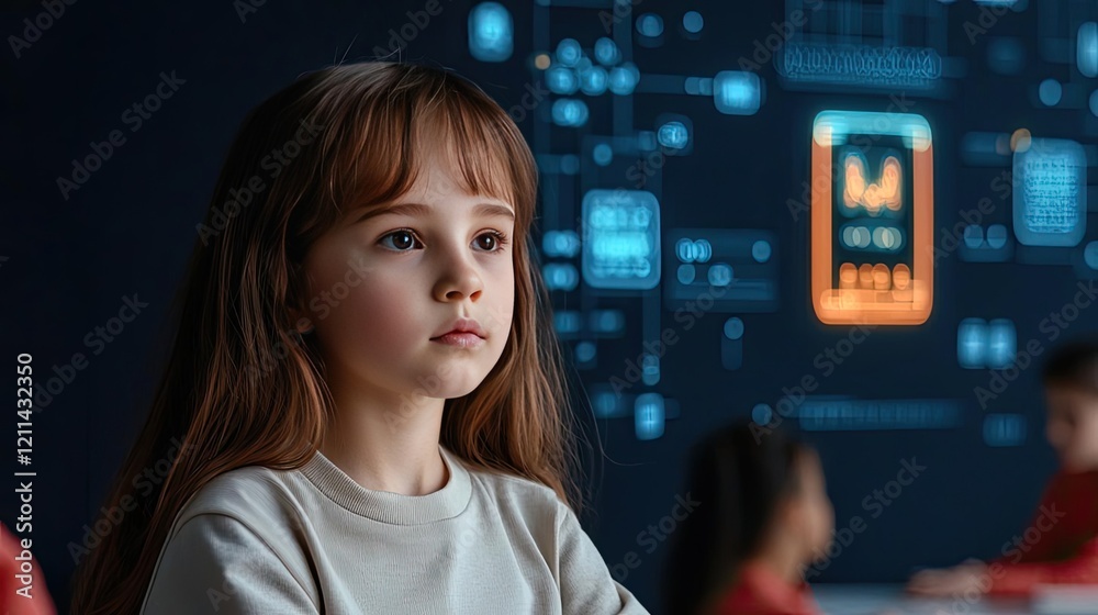 Aufkleber automated teaching ai idea. a young girl focused on digital projections, exploring technology and le